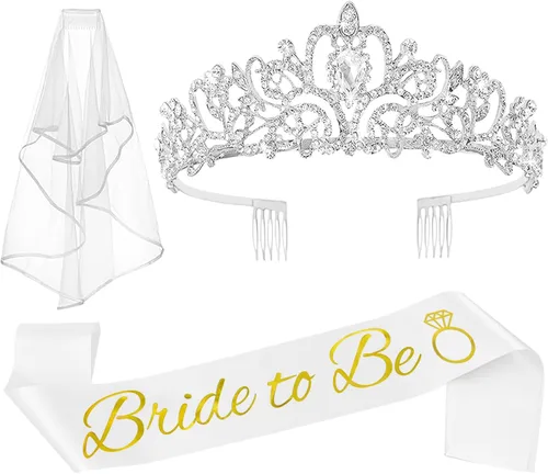 JETKONG 3 Piezas Decoraciones de Despedida de Soltera Corona de Ducha Nupcial, Banda y Velo de Novia para Mujeres Regalos de Despedida de Soltera,