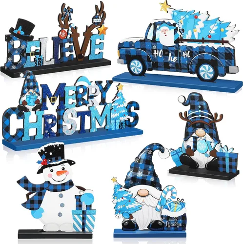 Miniatura 9 de Capoda 6 piezas de decoración de mesa de Navidad, centros de mesa de Navidad de madera, muñeco de nieve, Papá Noel, gnomo, letreros de Feliz