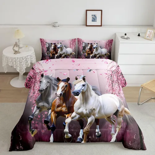 Feelyou Juego de edredón tamaño individual con diseño de caballo y cerezo en flor de galope para niños, adolescentes, edredón occidental, decoración
