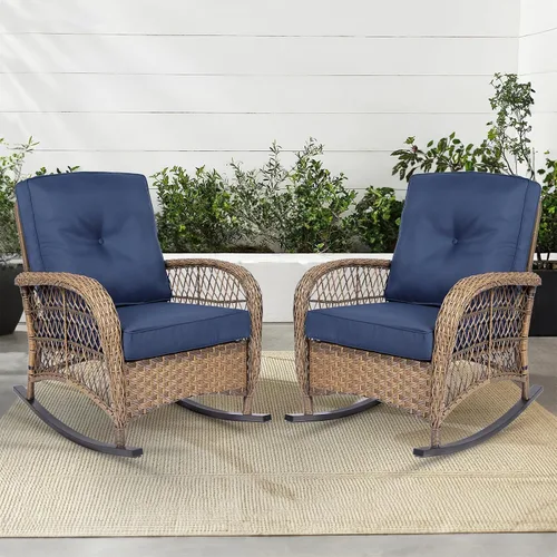 Miniatura 13 de MEETWARM Mecedora de mimbre para exteriores, sillas mecedoras de ratán para patio con cojines y respaldo alto, silla de mimbre para patio para todo