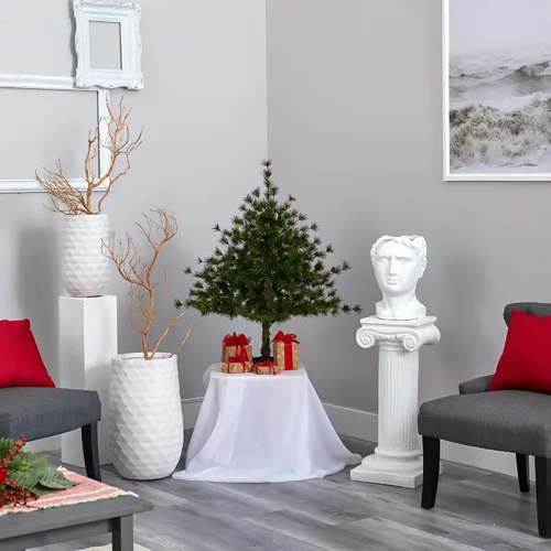 Miniatura 7 de Nearly Natural Árbol de Navidad artificial de pino de montaña de Colorado de 3 pies con 50 luces transparentes, 171 ramas flexibles y piñas de pino