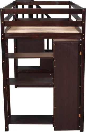 Miniatura 7 de Cama alta moderna con cajones de almacenamiento y escaleras, cama de madera tamaño individual con estantes y barandillas, para niños, niñas