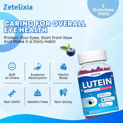 Miniatura 5 de Gomitas de luteína, suplementos de luteína y zeaxantina 12 en 1, vitaminas oculares para adultos, suplemento de salud ocular con múltiples vitaminas