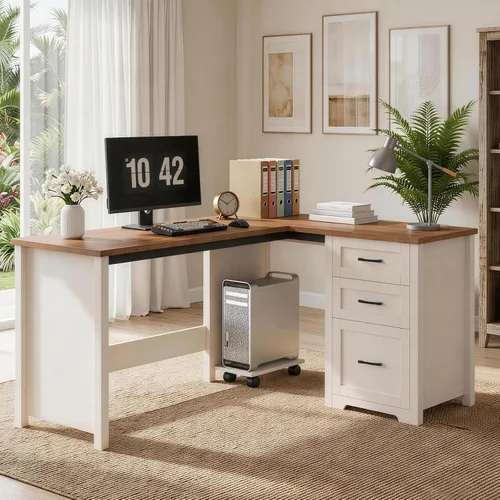 Miniatura 17 de Vabches 47" Farmhouse Executive Desk with Monitor Stand & File Cabinet,3 Drawers Computer Desk with LED Lights and Power Outlets,Workstation for