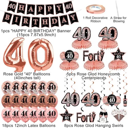Miniatura 2 de Turypaty Kit de 34 piezas de decoración de cumpleaños 40 para mujer, globos de feliz cumpleaños de 40 años de oro rosa, centro de mesa, kit