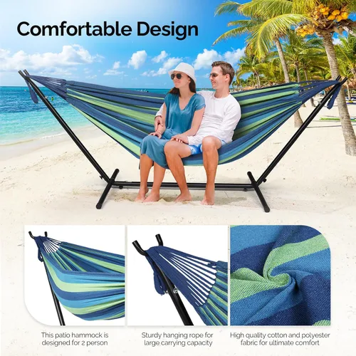 Miniatura 5 de Hamaca doble OnCloud con soporte de 9 pies, con estuche para transporte que ahorra espacio, Amarillo Azul