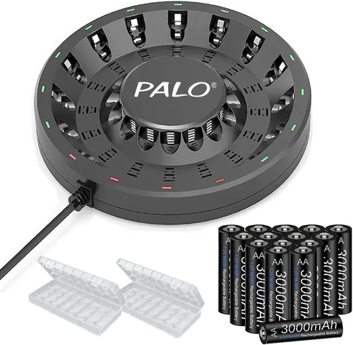 Batería AA recargable con kit de cargador, paquete de 16 baterías de 1.2 V Ni-MH 3000 mAh con cargador inteligente LED de 16 bahías para batería