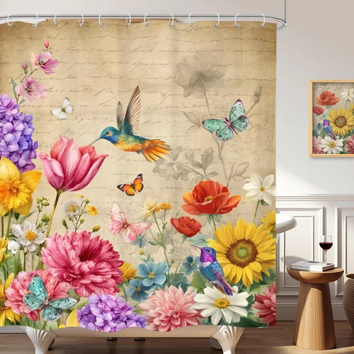 Miniatura 9 de Cortina de ducha floral gris y rosa de 72x72 pulgadas, flores de cerezo en rosa polvoriento y flores llorosas en primavera, tela impermeable