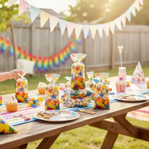 Miniatura 6 de 100 bolsas de celofán con bloques de construcción, suministros para fiesta de cumpleaños, bolsas de dulces con 100 lazos plateados para recuerdos