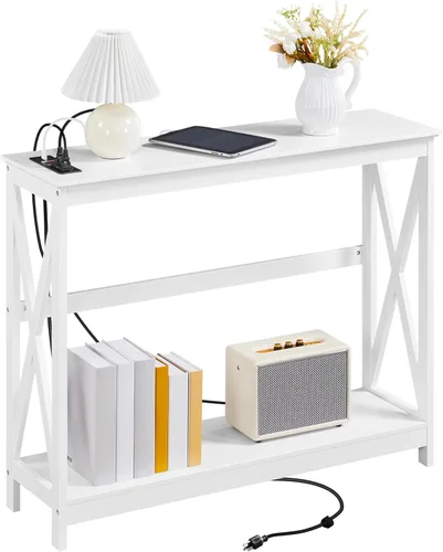 Yaheetech Mesa Consola de 40" con 2 Tomacorrientes y 2 Puertos USB, Mesa de Entrada de Madera con Diseño en Forma de X, Mesa Angosta para Sofá para