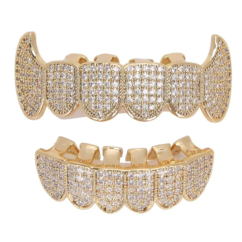 Miniatura 8 de Rejillas de dientes de cobre chapado en frío, oro plateado, dientes de diamante helados para hombres y mujeres rapero traje dientes joyería