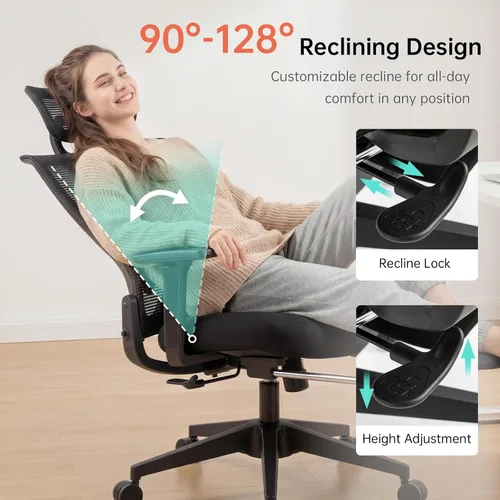 Miniatura 6 de Silla de oficina plegable con reposapiés, silla de oficina ergonómica con soporte lumbar ajustable, reposacabezas, reposabrazos, sillas de Negro