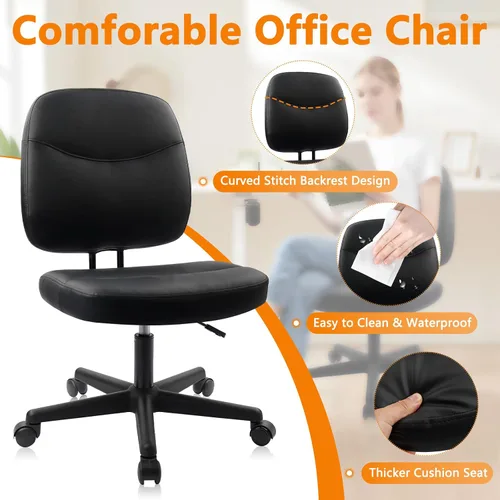 Miniatura 4 de CLATINA Silla de oficina en casa sin brazos, pequeña silla ergonómica de piel sintética con respaldo bajo con soporte lumbar y ruedas, altura