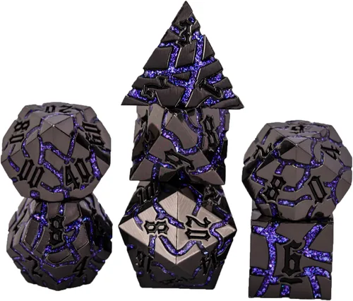 Miniatura 17 de Juego de Dados de Metal DND, Conjunto de 7 Dados Poliédricos D&D, Conjunto de Dados con Grietas Brillantes para Juego de Rol Calabozos y Dragones