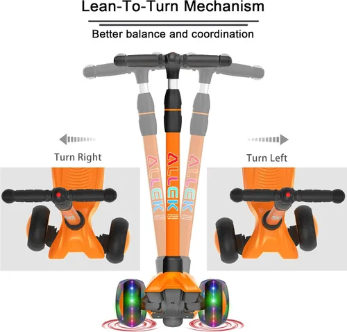 Miniatura 5 de Allek - Kick Scooter B03. Monopatín de 3 ruedas de Poliuretano iluminadas, extra anchas con sistema inclinable y deslizante (Lean 'N Glide), Naranja