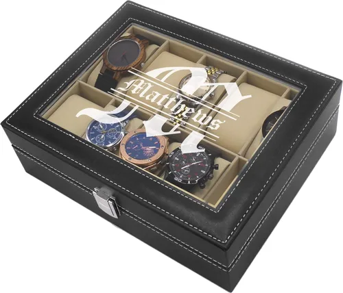 Miniatura 6 de My Personal Memories Caja de almacenamiento de reloj personalizada personalizada vitrina de cristal para hombres, él, esposo, grabado y monograma