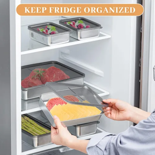 Miniatura 9 de Hushee Juego de 6 contenedores para tocino y queso para refrigerador, contenedor hermético de carne para delicatessen de acero inoxidable 304
