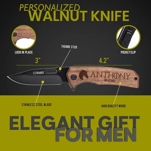 Miniatura 4 de Regalos para hombres, cuchillo de bolsillo de madera de nogal grabado personalizado - 36 iconos, 13 fuentes elegantes - Cuchillos personalizados