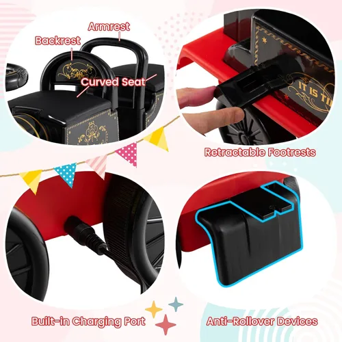 Miniatura 8 de Costzon Tren de paseo de 2 plazas con carruaje, juguete de 6 V con almacenamiento debajo del asiento, reposapiés, silbato de tren, música y luces