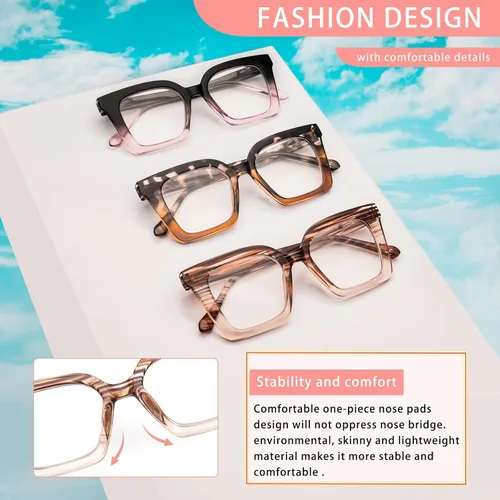 Miniatura 5 de Paquete de 3 elegantes lentes de lectura estilo Oprah con marco cuadrado para mujer, bloqueo de luz azul, cómodos lectores Mezcla de colores1