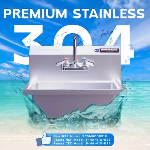 Miniatura 4 de DuraSteel Fregadero de montaje en pared de acero inoxidable 304 – Fregadero de lavado de manos comercial – Certificado NSF y CEC con grifo sin plomo