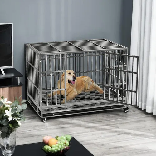 Miniatura 2 de LEMBERI - Jaula para perro indestructible y resistente de 48/38 pulgadas, a prueba de escapes con ruedas bloqueables, doble puerta para evitar