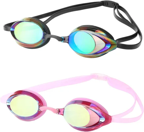 Gafas de natación, paquete de 2 gafas de natación antivaho con protección UV sin fugas para adultos, hombres, mujeres, jóvenes Magenta y negro