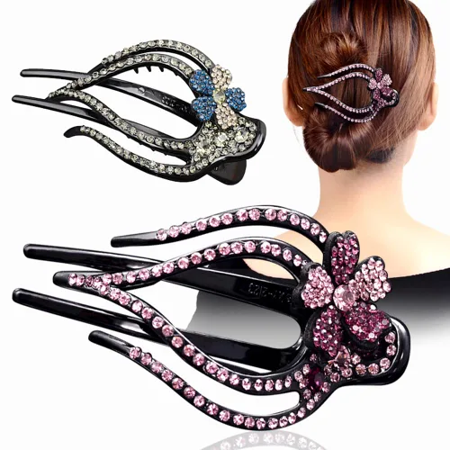 Miniatura 3 de 2 pinzas para el cabello con diamantes de imitación en forma de corazón, pasadores de cola de caballo con diseño decorativo (flor de lum -C)