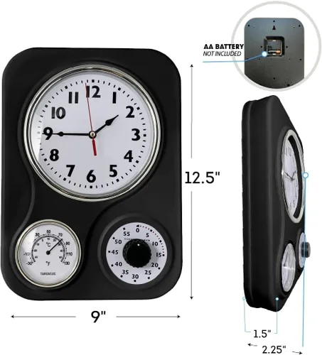Miniatura 2 de Lily's Home - 9.5 pulgadas x 12.5 pulgadas - Reloj de pared retro para cocina, reloj de pared vintage con termómetro y temporizador de 60 minutos