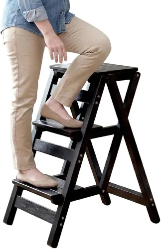Taburete para adultos/escalera/silla de mostrador, taburete plegable de madera portátil de 3 escalones, antideslizante y ligero (negro)