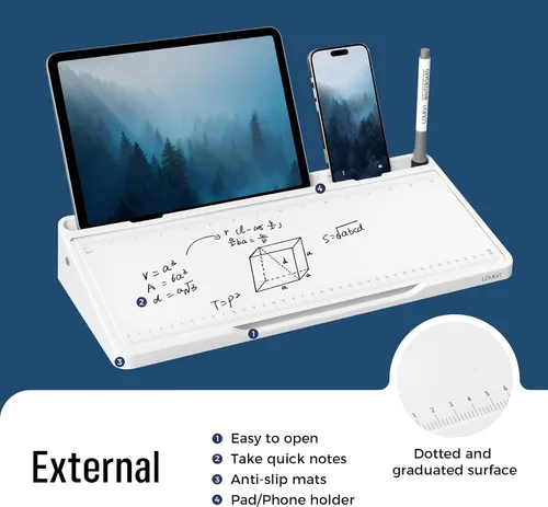 Miniatura 4 de LOUKIN Pizarra blanca de escritorio de vidrio, pizarra de escritorio de borrado en seco de 15.3 x 5.6 pulgadas con superficie punteada y graduada
