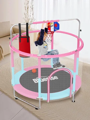 Miniatura 9 de Bluerise - Cama elástica de 55 pulgadas/6 pies, para niños, juego interior y exterior, con canasta de baloncesto para cama elástica, malla de Rosa