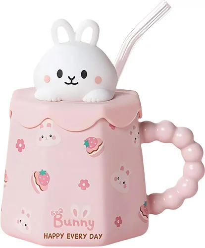 Miniatura 10 de Taza GawmFoiuy Mark con pajita, taza de cerámica con estampado de animales, 414 ml, tazas de café y té kawaii, tazas de animales divertidas, taza