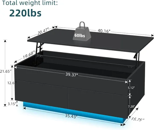 Miniatura 2 de HOMMPA Mesa de centro elevable de 40 pulgadas, mesas de centro negras con almacenamiento para sala de estar, mesa de centro moderna LED, mesa