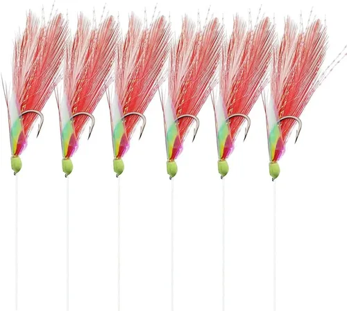 Ocean CAT - Aparejos de pesca, 10 paquetes de 6 ganchos/juego de plumas blancas y rojas de piel de pez de agua salada, anzuelos de pesca de agua