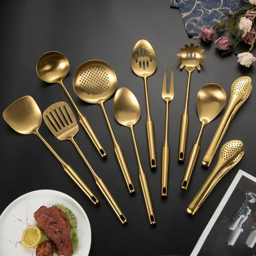 Miniatura 2 de Juego de utensilios de cocina de acero inoxidable 304 mate, 11 piezas de utensilios de cocina de metal largo con espátula, cuchara, cucharón, Dorado