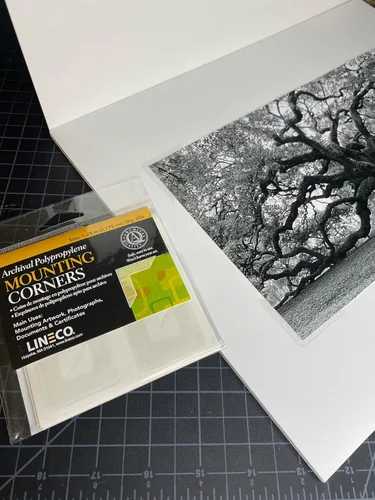 Miniatura 4 de Lineco Esquinas de montaje de polipropileno de archivo, esquinas transparentes autoadhesivas, sin ácidos, 1.25 pulgadas, obras de arte de montaje