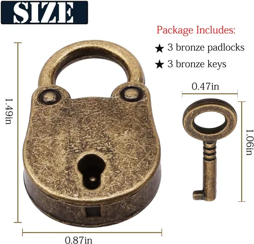 Miniatura 2 de Candado de bronce de estilo antiguo vintage de 3 piezas, pequeño candado de metal estilo arcaize, con llave para caja de joyería, caja