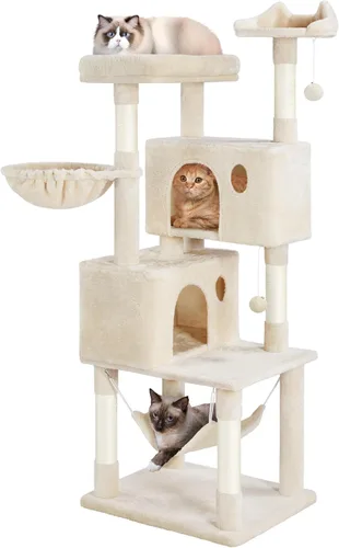 Yaheetech - Árbol para gatos de 64.5 pulgadas con poste rascador, cama para gatos con cubierta de felpa y hamaca, plataforma, percha para gatos