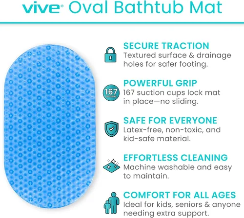 Miniatura 2 de Vive Tapete ovalado para bañera, almohadilla antideslizante para el suelo de la ducha, antideslizante y antideslizante para bañera con fuerte agarre