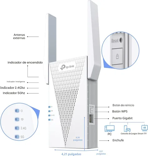 Miniatura 5 de TP-Link Extensor de alcance WiFi 6 AX3000 Elección del editor de PCMag Repetidor inalámbrico de doble banda con puerto Ethernet Hasta 2400