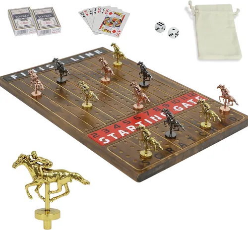 HOROW Juego de Carreras de Caballos - Juego de Mesa de Carreras de Caballos de Madera con 11 Caballos de Metal de Lujo, 2 Dados y 2 Cartas,