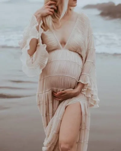 Miniatura 3 de Sevintage Bata de maternidad para sesión de fotos, tul con cuello en V, manga larga, con volantes, embarazo, baby shower, lencería nupcial