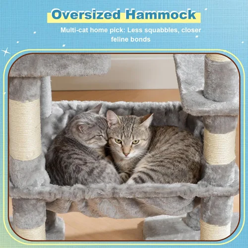 Miniatura 6 de Hey-brother Torre de árbol para gatos, postes rascadores con plataforma grande, 2 condominios, hamaca espaciosa, cesta acogedora, tabla de sisal