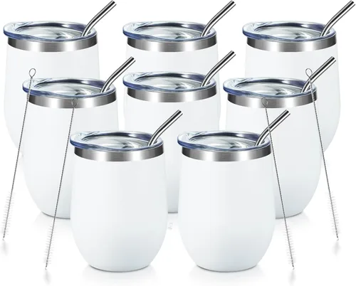Miniatura 35 de COMOOO Vaso de vino aislado de 12 onzas con tapa, vaso de vino de acero inoxidable sin tallo, vaso de vino de doble pared al vacío con pajita, café