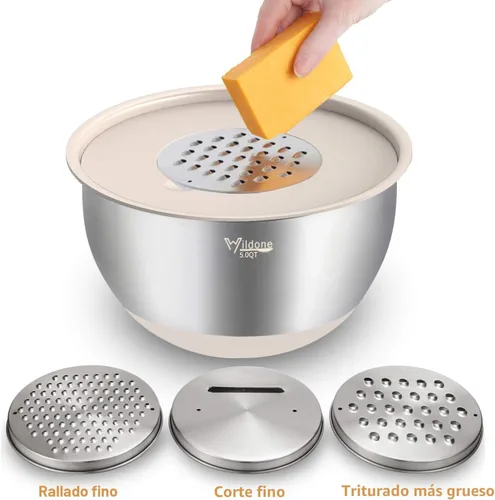 Miniatura 3 de Wildone Juego de 5 cuencos anidables para mezclar con tapas herméticas, 5 piezas de cuencos de acero inoxidable color caqui para cocina