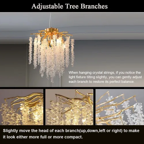 Miniatura 3 de Candelabro de Cristal Rama de Árbol Dorado Gota de Lluvia Redonda Lámpara Colgante con Borla Luminaria de Techo Colgante para Dormitorio Sala