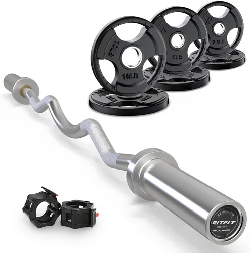 Miniatura 7 de RitFit Barra de rizo EZ de 2 pulgadas con pesas, barra olímpica de capacidad de 350 libras para bíceps y tríceps, entrenamiento de fuerza