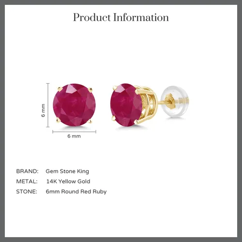 Miniatura 5 de Gem Stone King Pendientes de tuerca de oro amarillo de 14 quilates y rojo rubí de 2.00 quilates con piedra natal de piedras preciosas redondas