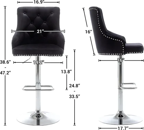 Miniatura 7 de BTEXPERT - Taburete de comedor tapizado de 25 a 33 pulgadas con respaldo alto, taburete de barra con cabeza de clavo copetudo negro (1)